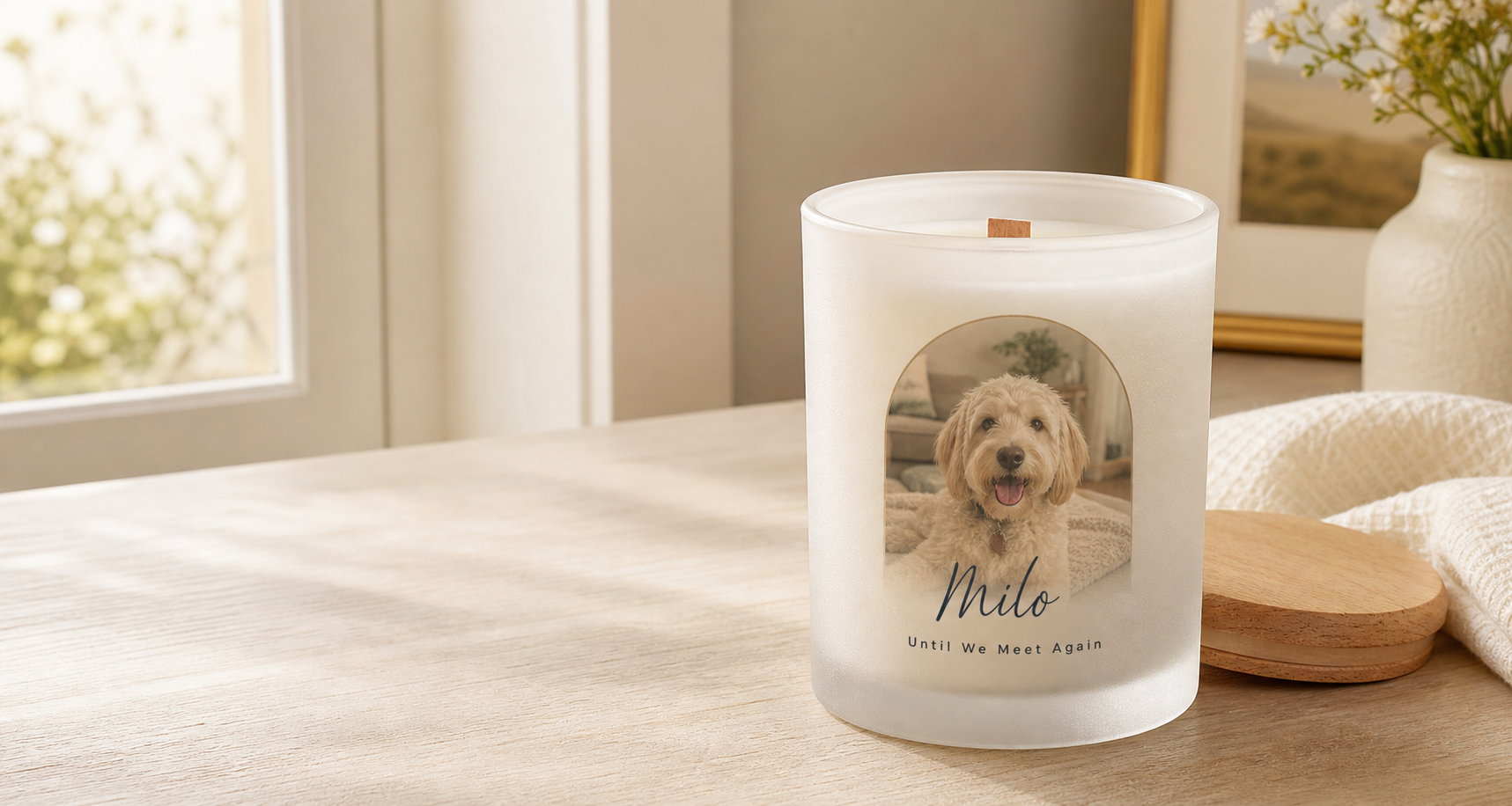 A frosted glass pet memorial candle with a photo design on a warm table with a flat beechwood lid nearby