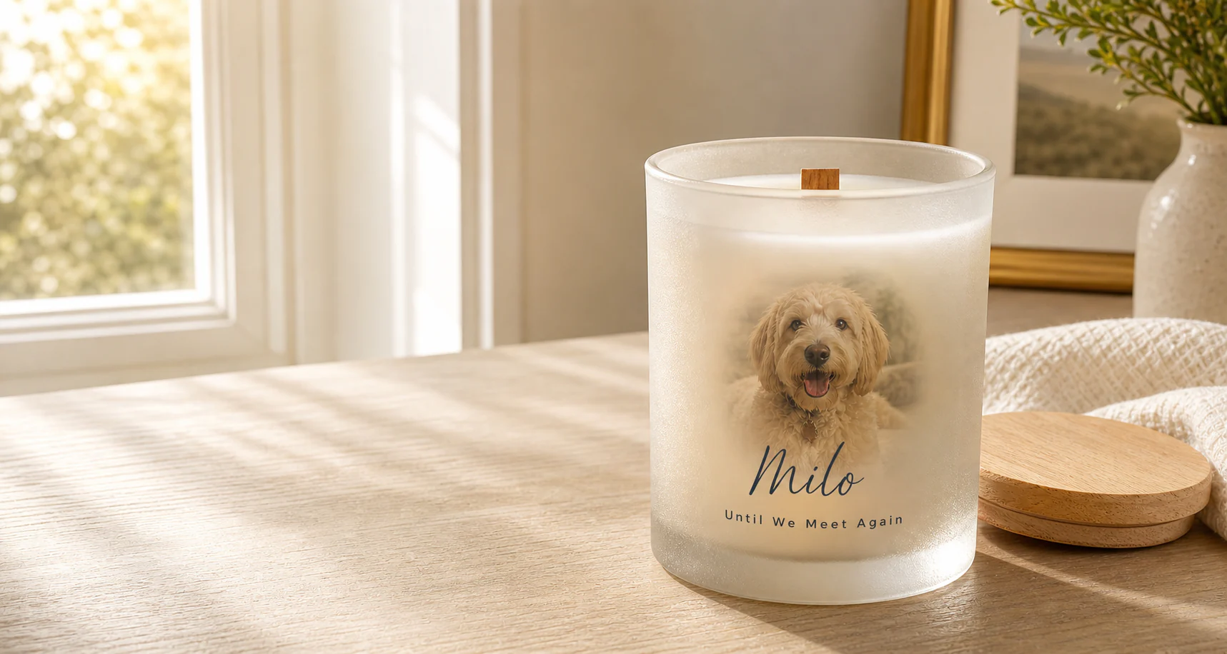 A frosted glass pet memorial candle with a photo design on a warm table with a flat beechwood lid nearby