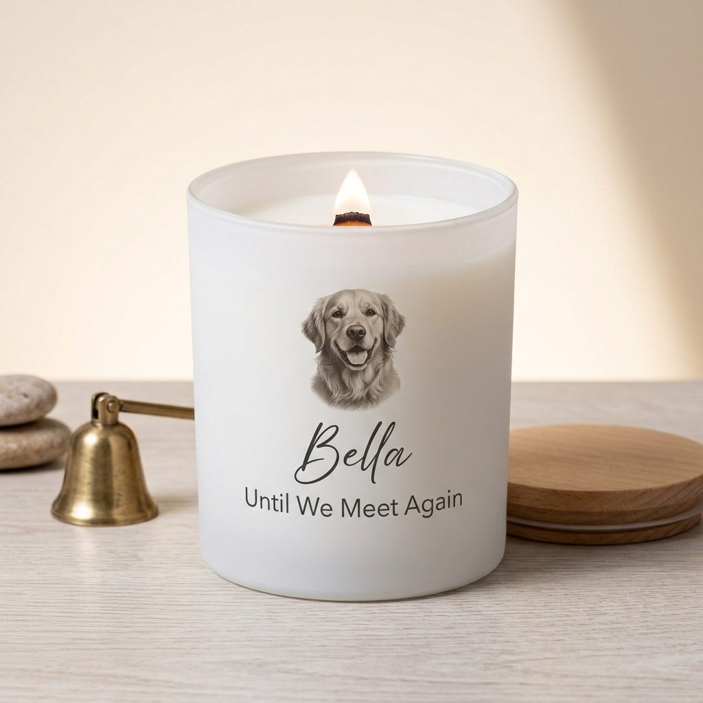 A personalized pet memorial candle in a warm home scene with soft light