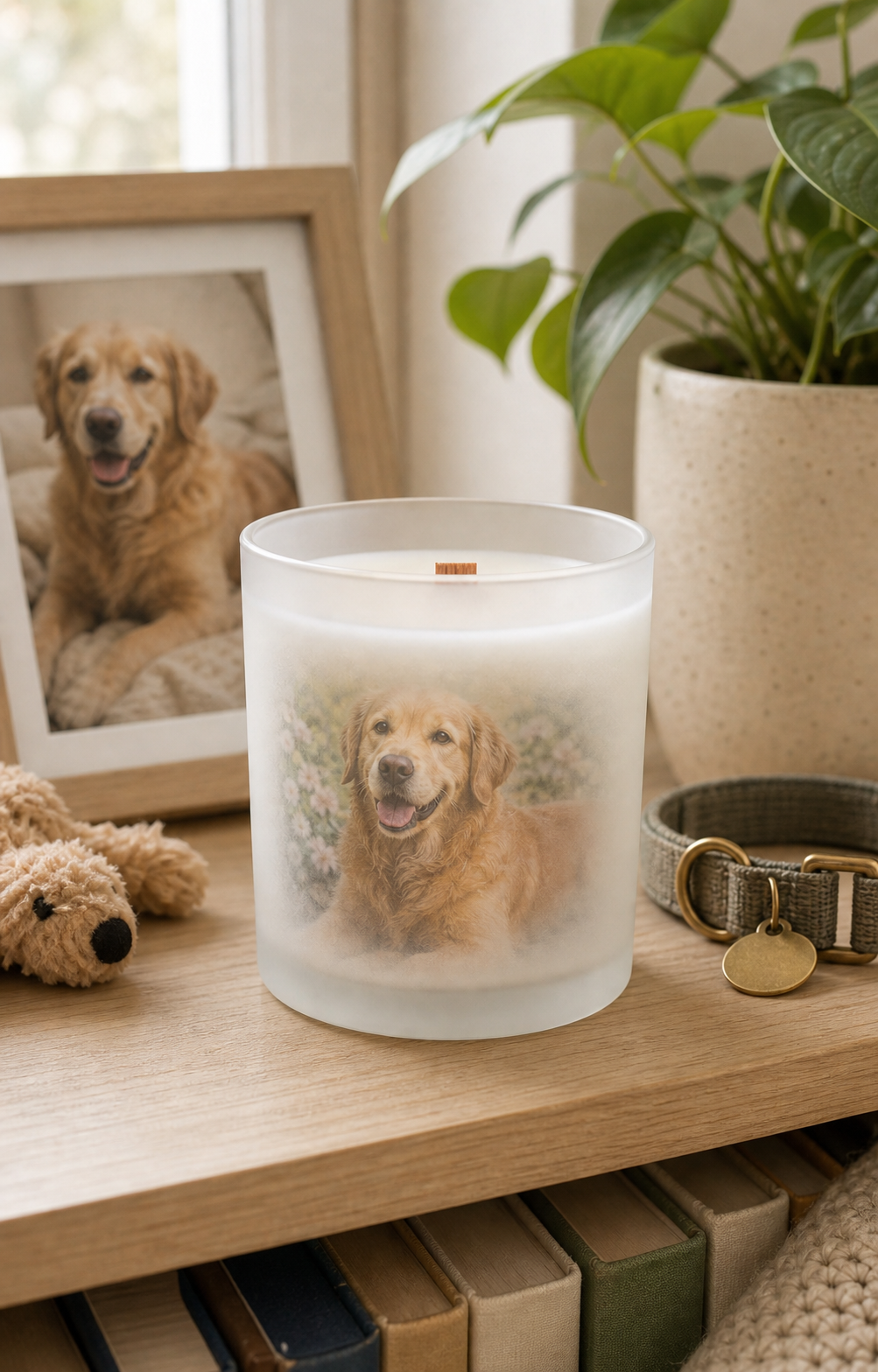 A pet memorial candle on a home shelf with a framed dog photo, collar, toy, and plant