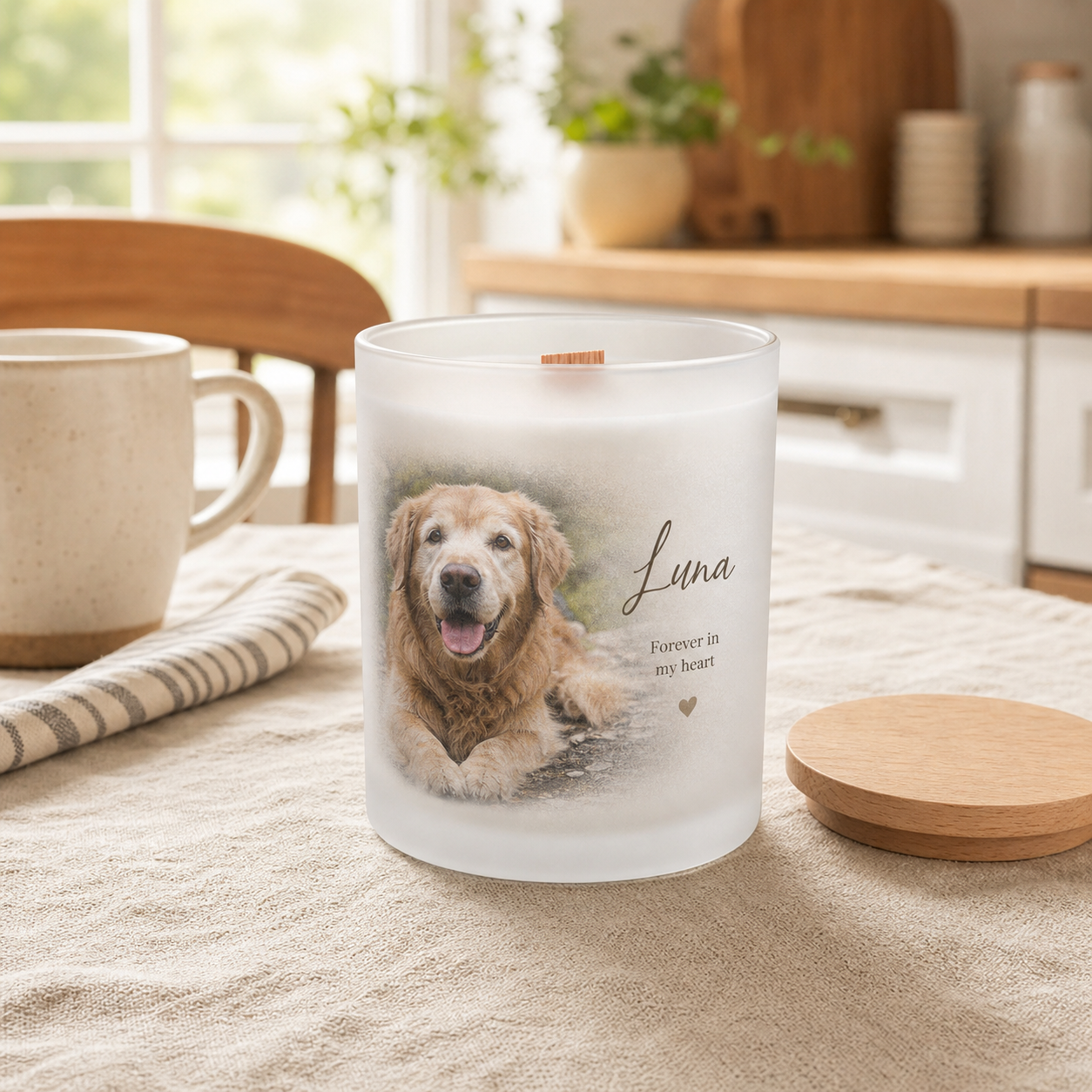 A pet memorial candle with a permanent pet photo printed on frosted glass